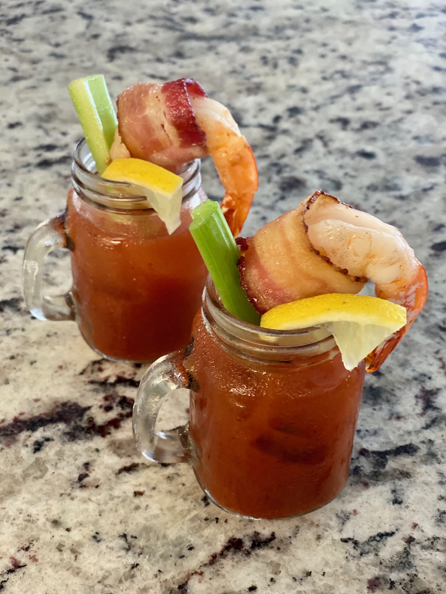 Bacon wrapped shrimp Bloody Mary shooter